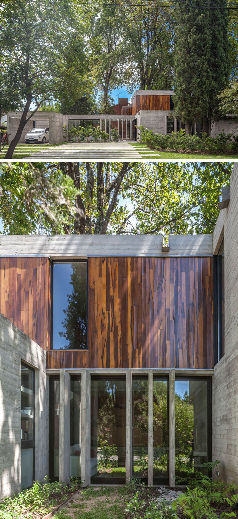 Besonias Almeida arquitectos have designed Casa Aranzazu, a modern concrete and wood house in Buenos Aires, Argentina, that sits on a corner lot surrounded by large trees. #ModernHouse #ConcreteHouse #Architecture