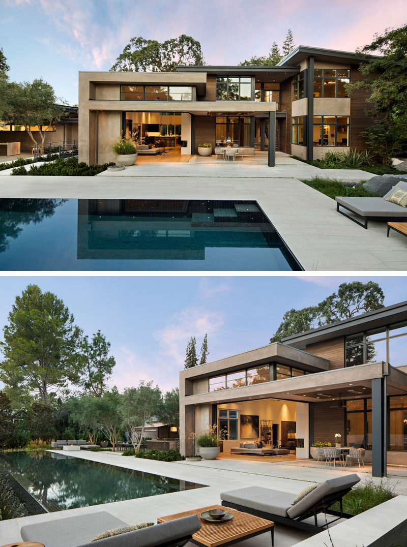 This modern house has outdoor areas that are ideal for entertaining. Just off the living room is a small covered dining area that opens up to the patio, backyard and swimming pool. #ModernArchitecture #SwimmingPool #Landscaping