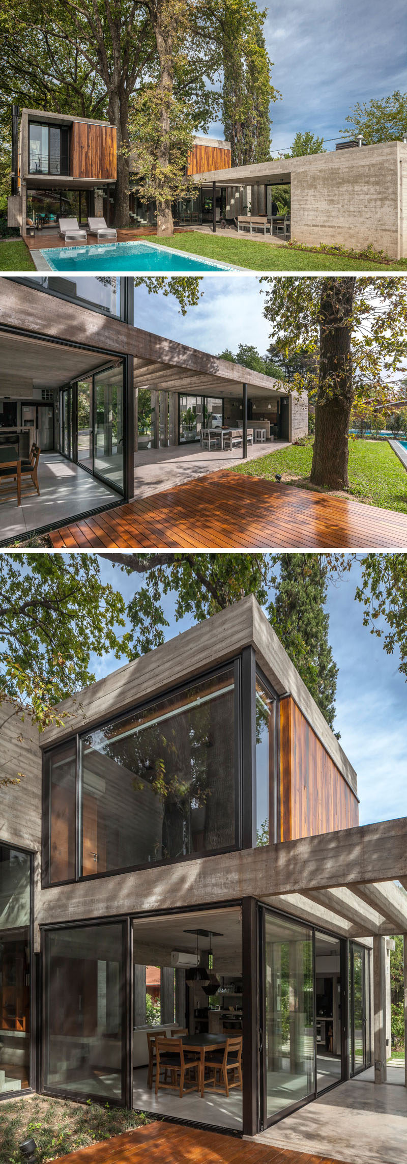 The rear of this modern house opens up to the backyard, with a covered outdoor dining area and bar, as well as a swimming pool, creating a sense of indoor/outdoor living.