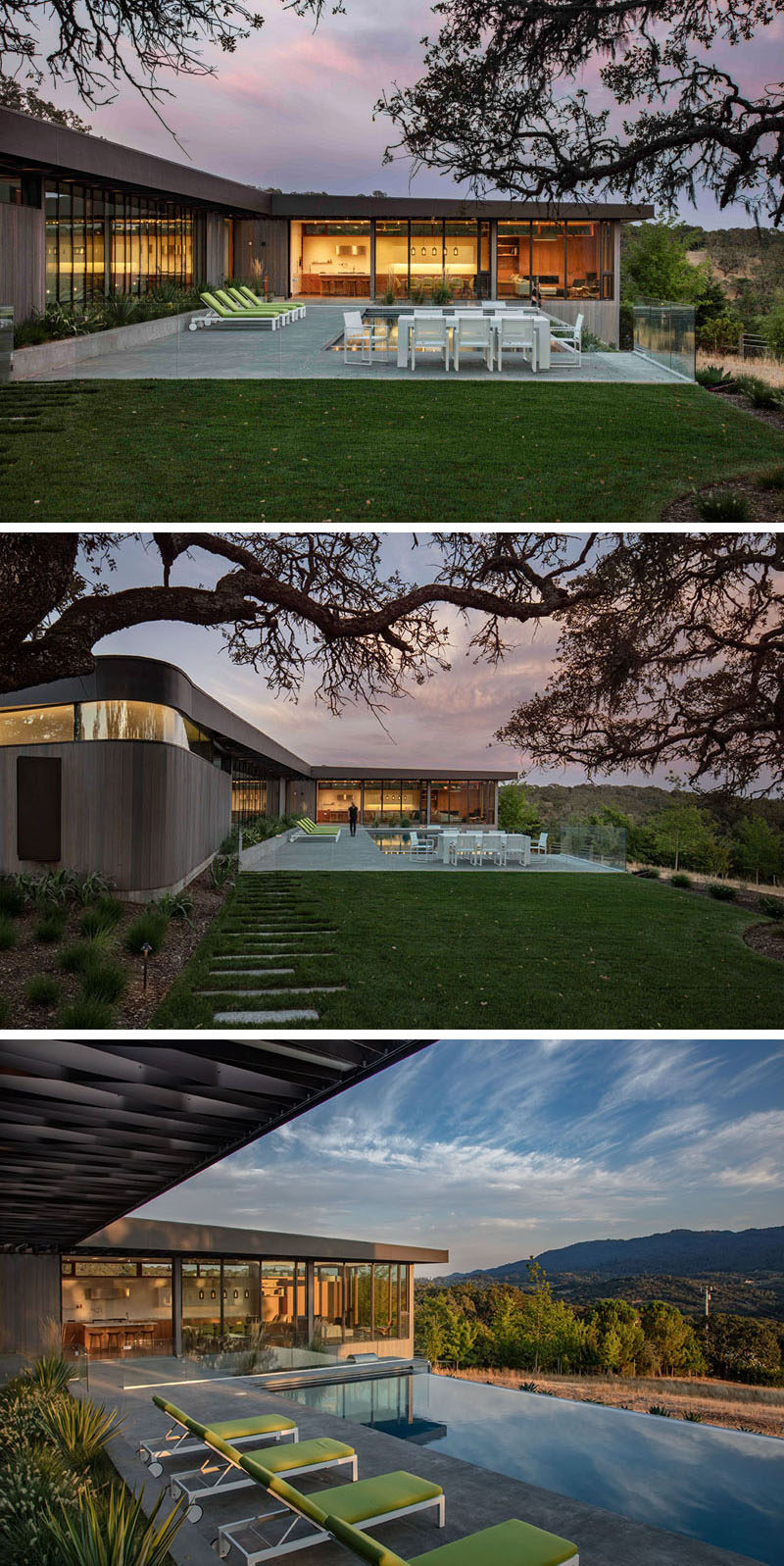 This modern house wraps around a patio and swimming pool, and at one end, there's an outdoor dining area. #SwimmingPool #Patio #OutdoorDining