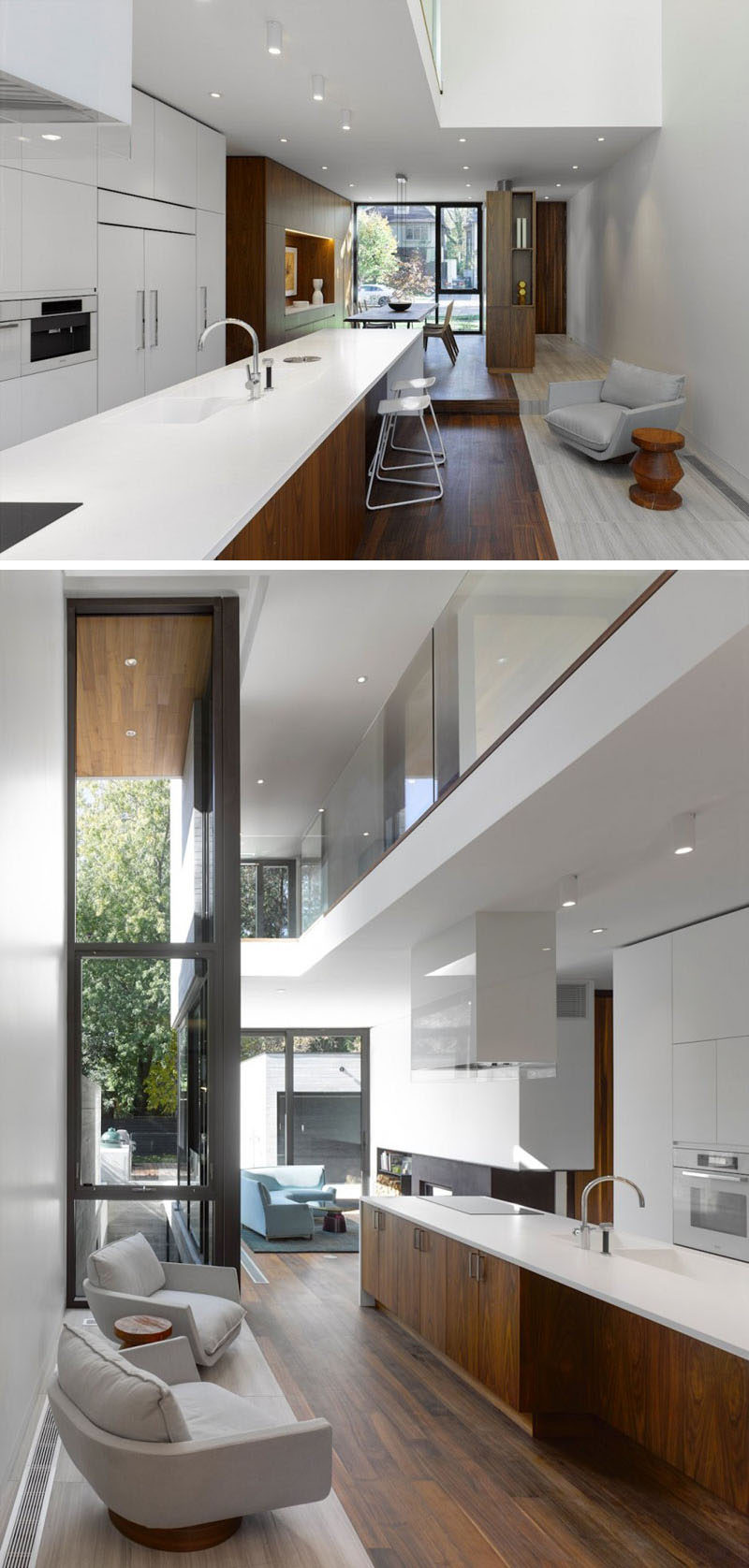 The layout of the main floor of this modern house has the dining room looking out onto the street, while the kitchen with its white minimalist cabinets, leads to the living room at the rear of the house. #ModernInteriorDesign #KitchenDesign