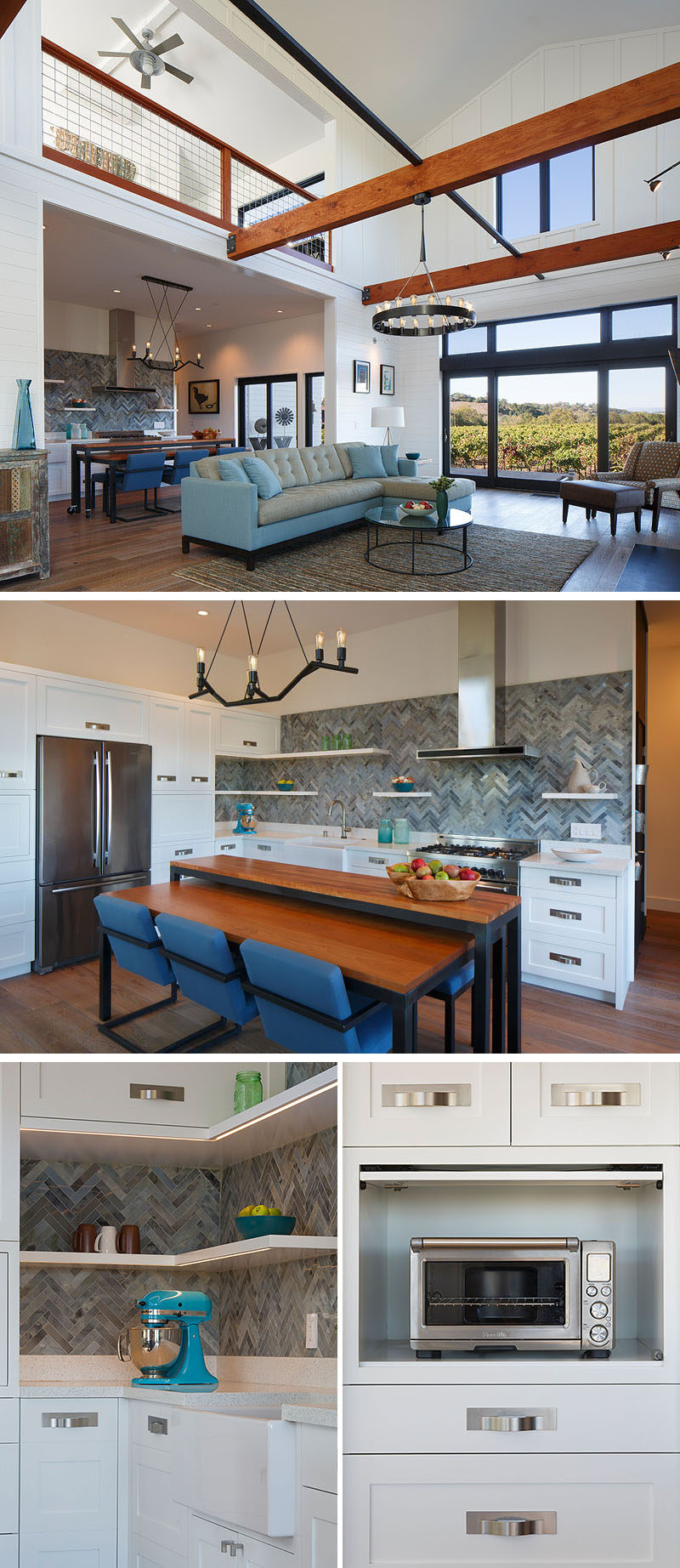 In this contemporary kitchen, tiles laid in a herringbone pattern create a colorful backsplash that stands out against the white cabinets and white floating shelves. A wood and steel island (on wheels) can also be used as a dining table. #KitchenDesign #WhiteKitchen