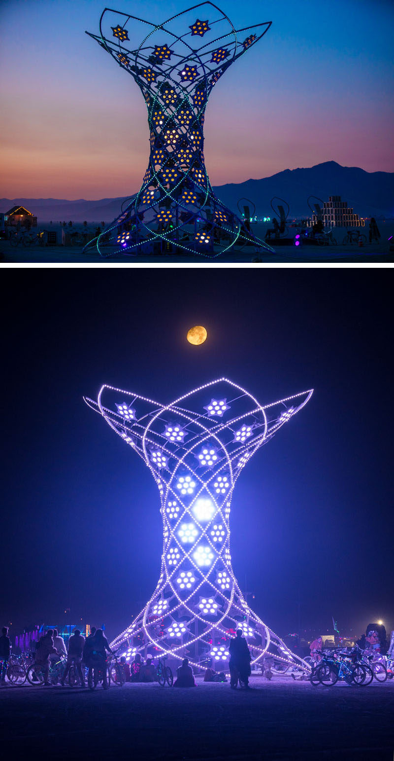 Ilumina is a 37-foot tall interactive art installation that was designed by Pablo Gonzalez Vargas and was shown at Burning Man 2017. #Sculpture #ArtInstallation #Design #Art