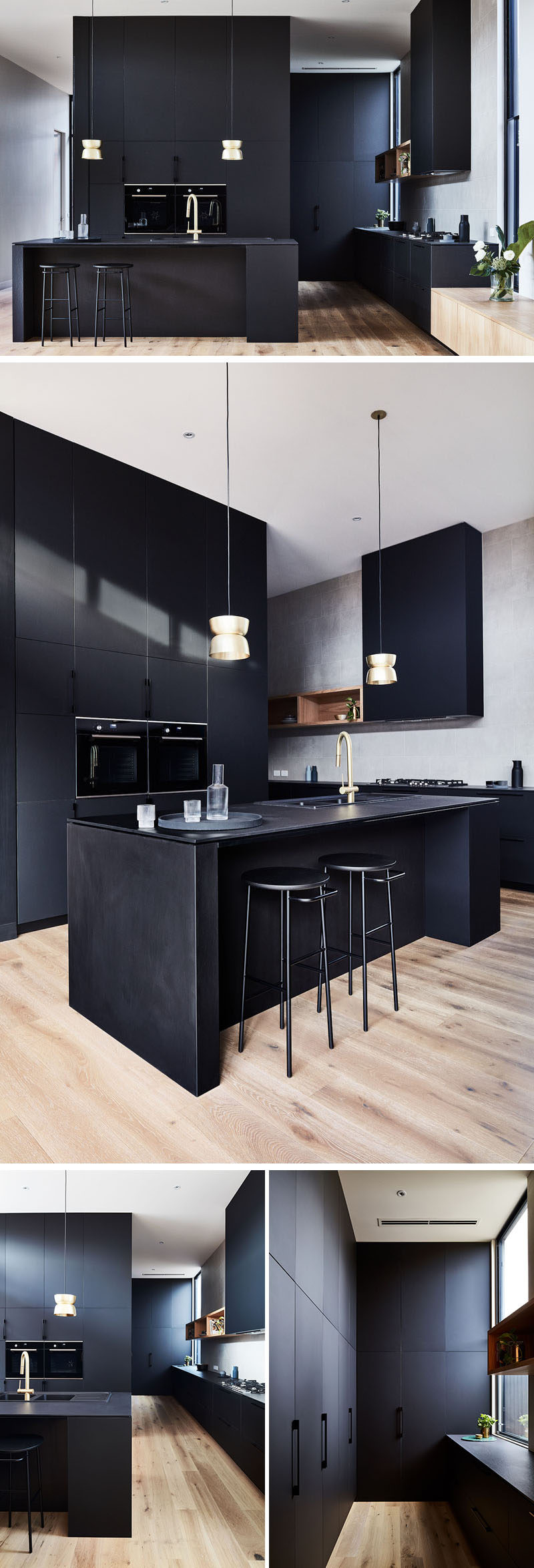 A matte black kitchen with minimal hardware makes a statement against the white walls, while brass fittings add a touch of glamour. #MatteBlack #BlackKitchen #ModernKitchen