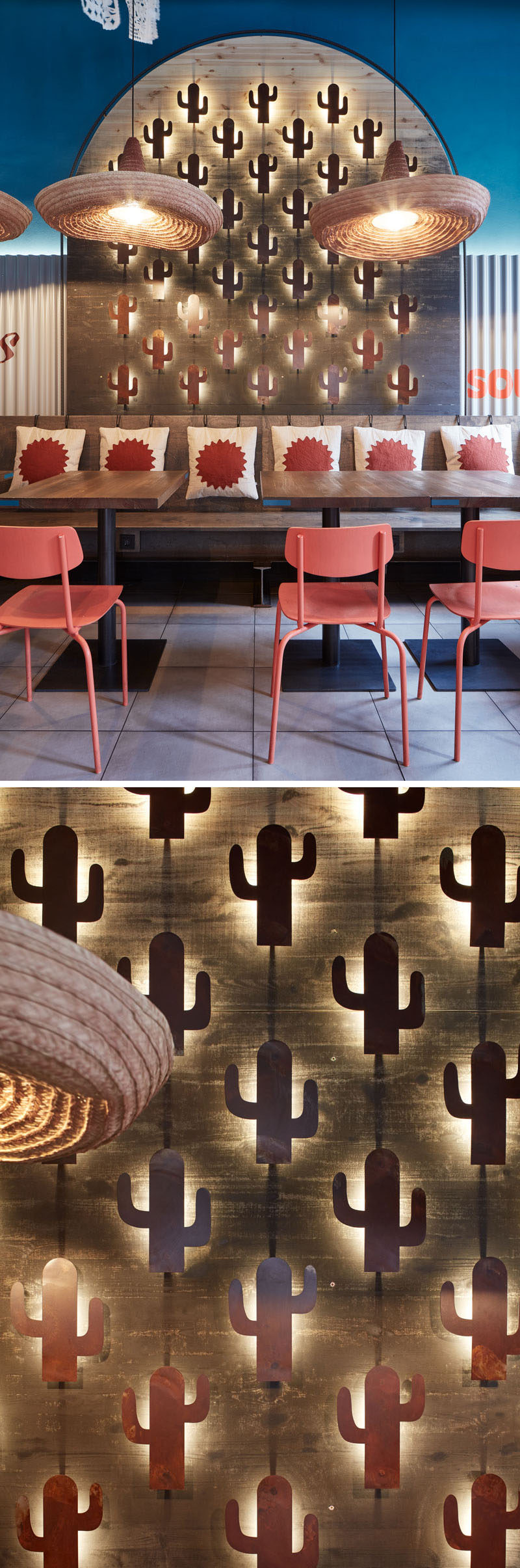 This modern Mexican restaurant features cacti motifs throughtout, like mini cacti on the wall that are backlit. #RestaurantDesign #InteriorDesign #Cacti