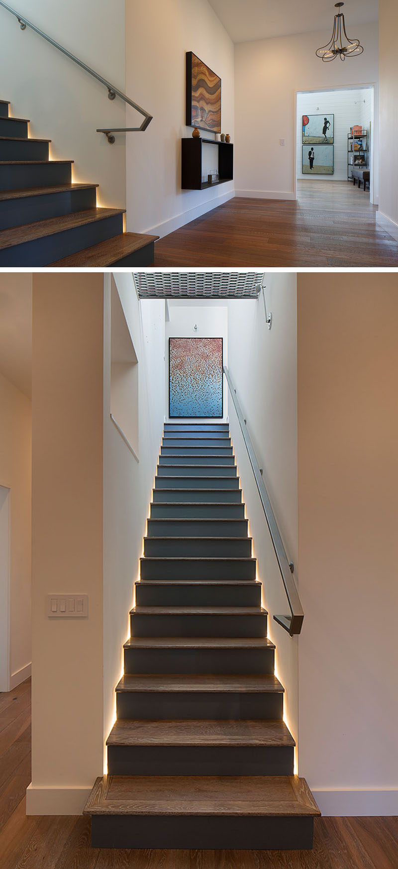 Dark wood stairs lead to the upper floor of this modern house. Hidden lighting runs along either side of the stair treads, highlighting the design. #Stairs #Lighting #WoodStairs