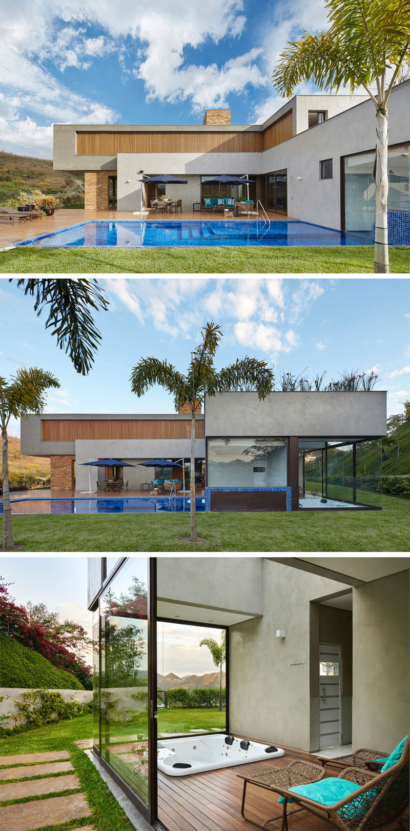 This modern house in Brazil has a swimming pool with a large deck. Beside the swimming pool is an enclosed hot tub that can be enjoyed year round. #SwimmingPool #HotTub #Spa