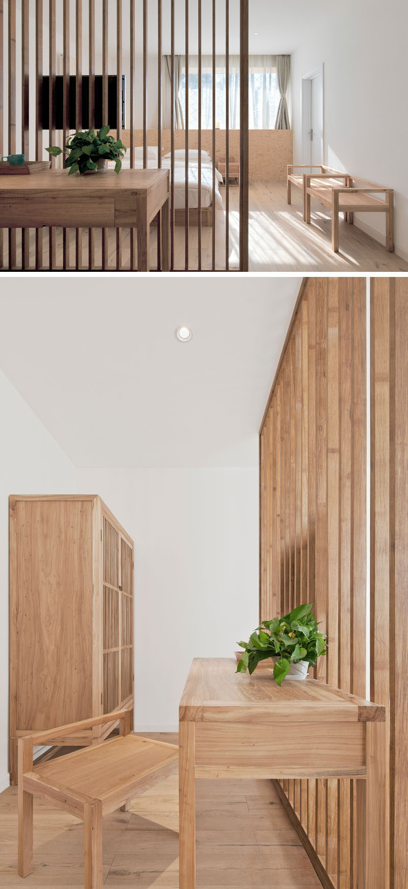 Inside this modern hotel room, bright white walls have been combined with wood furnishings to create a simple and contemporary appearance. #ModernHotelRoom #HotelDesign