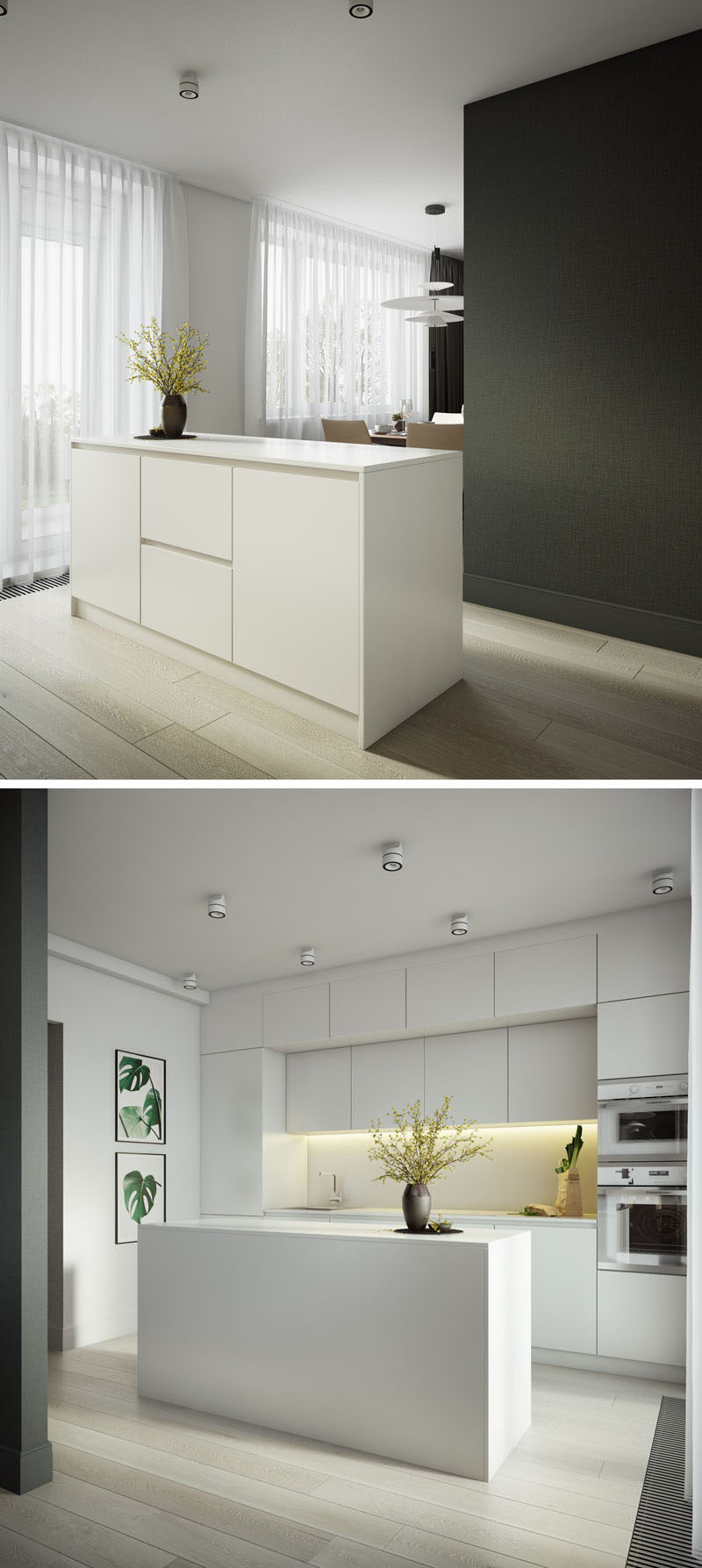 This modern apartment has a bright white kitchen with hardware-free cabinets. #ModernKitchen #WhiteKitchen