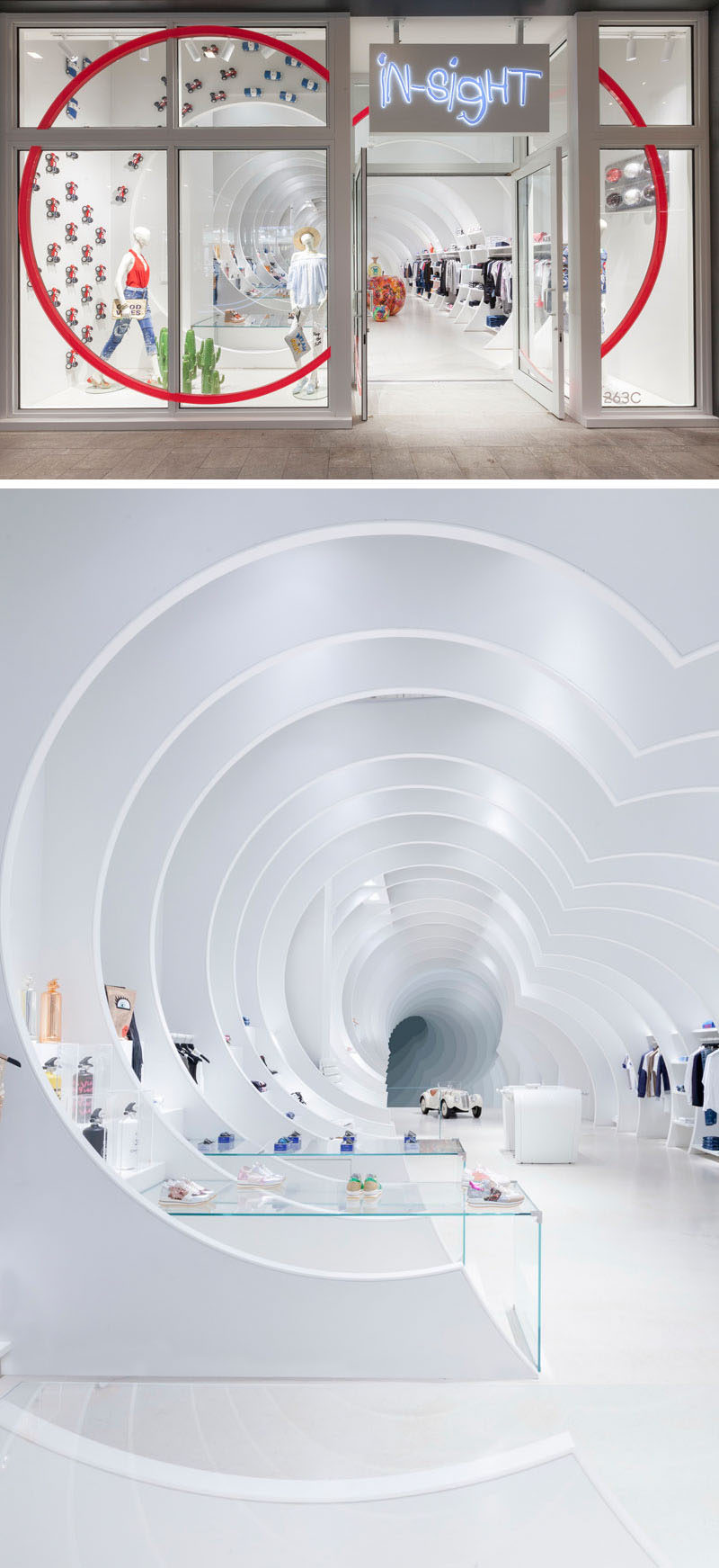 This modern white retail store has 24 white panels that have been placed throughout the length of the store to create a tunnel-like atmosphere. #RetailDesign #RetailStore #InteriorDesign