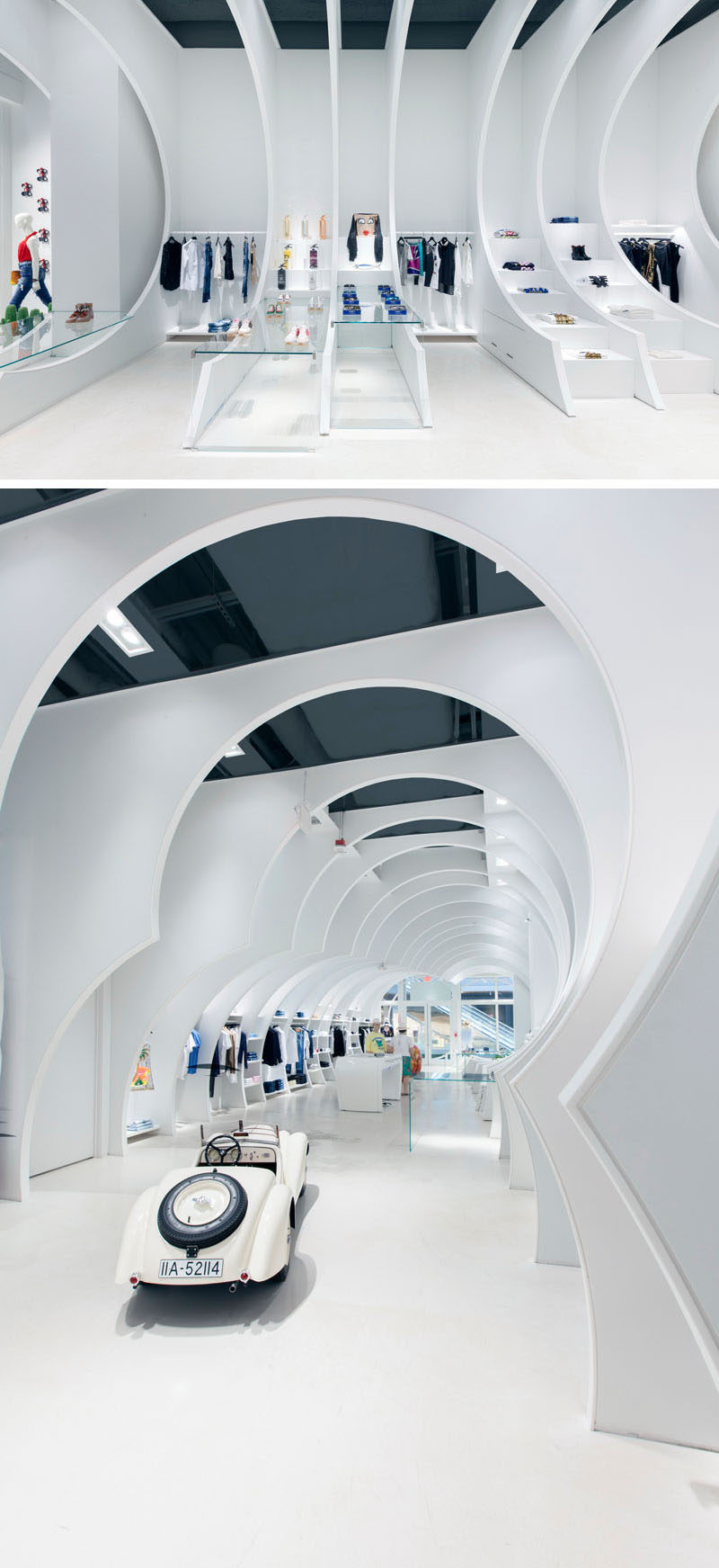 This modern white retail store has 24 white panels that have been placed throughout the length of the store to create a tunnel-like atmosphere. #RetailDesign #RetailStore #InteriorDesign