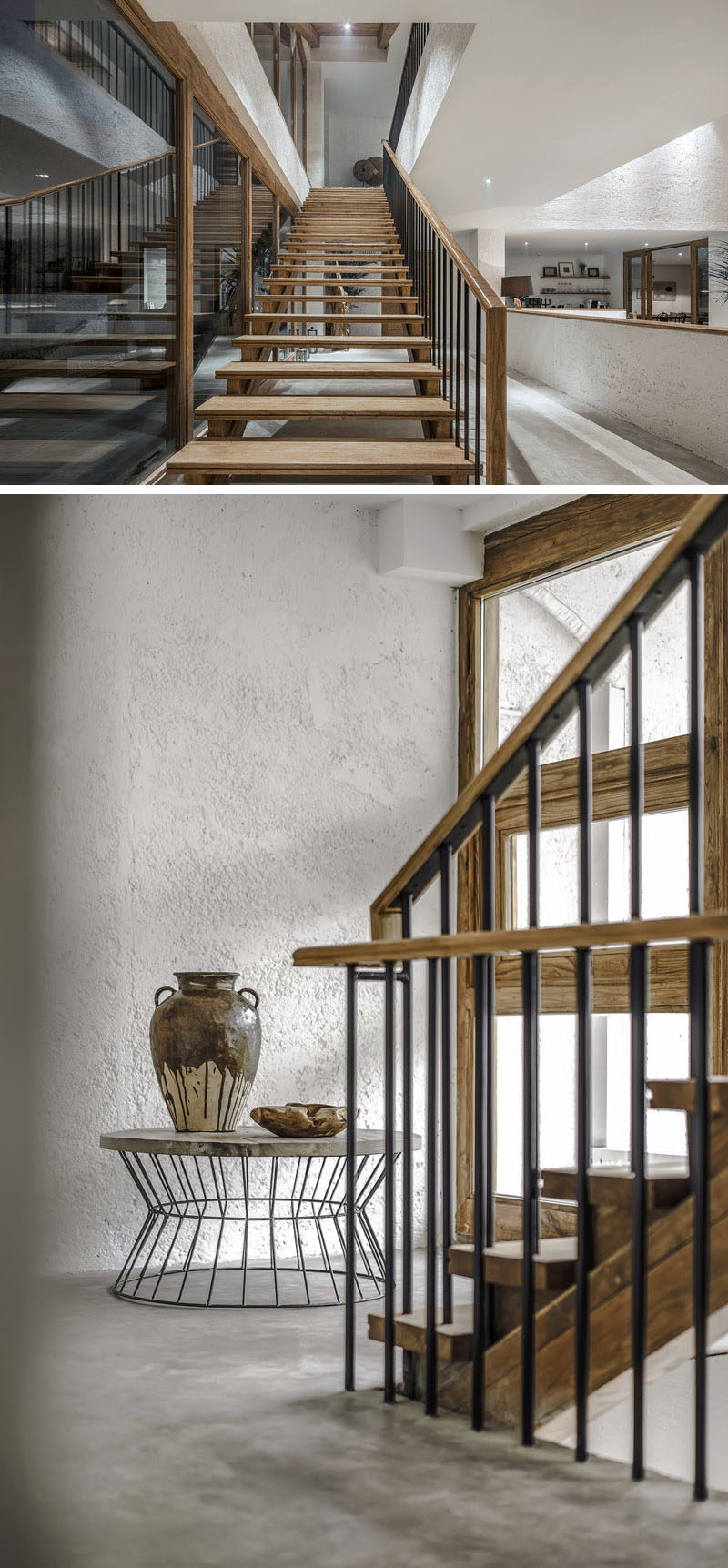 This modern hotel in China has a wood and steel staircase that connects the different levels of the hotel. #Stairs #ModernStairs