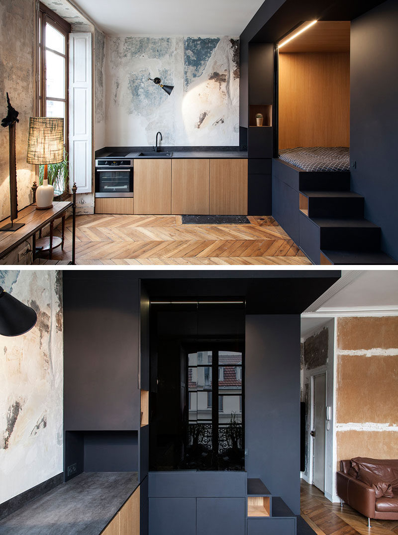 Interior design firm Batiik Studio, have transformed a run down Parisian apartment into to a functional space with a custom built lofted bed unit. #InteriorDesign #LoftBed #SmallApartment #Storage