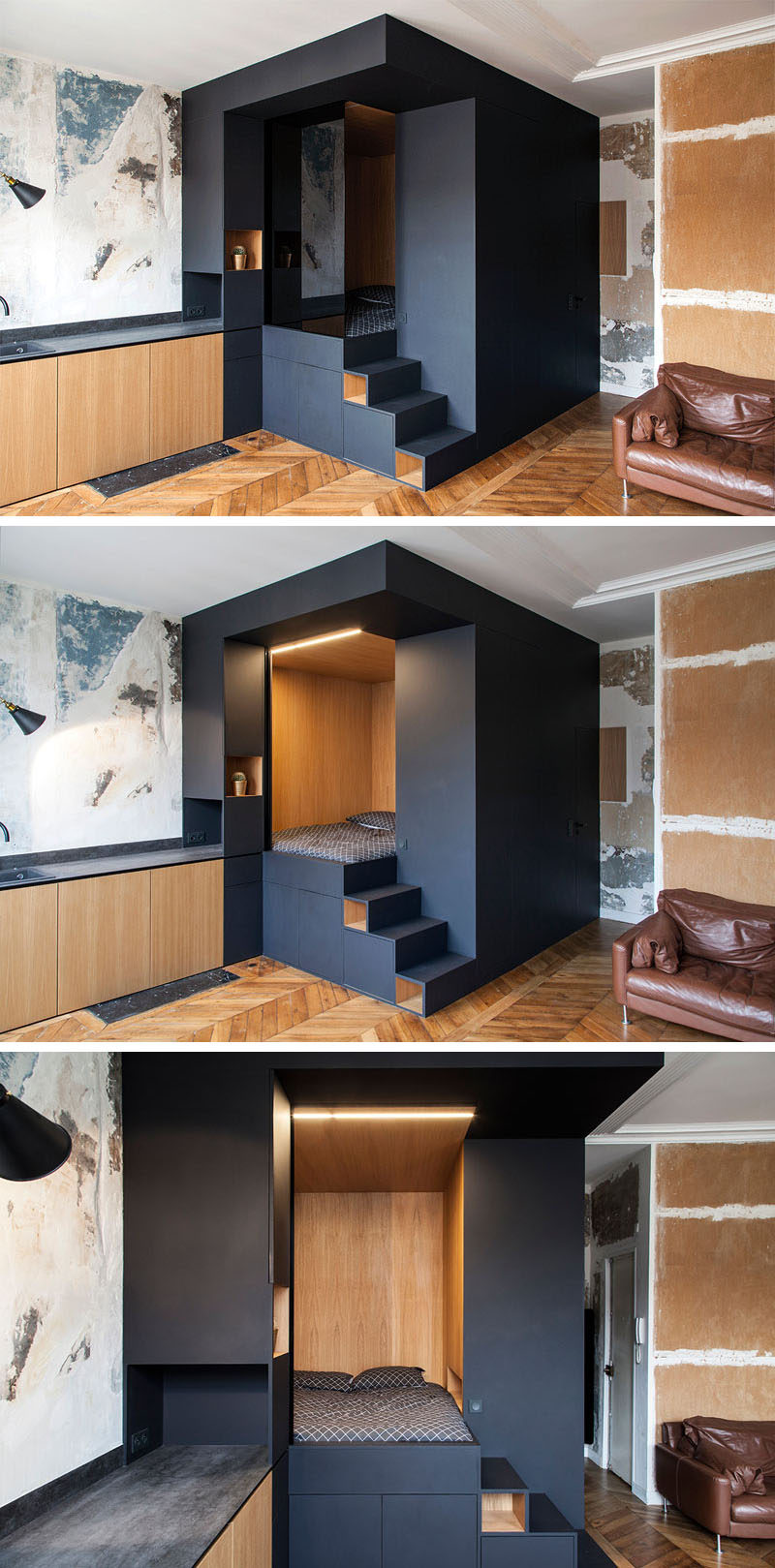 Interior design firm Batiik Studio, have transformed a run down Parisian apartment into to a functional space with a custom built lofted bed unit. #InteriorDesign #LoftBed #SmallApartment #Storage