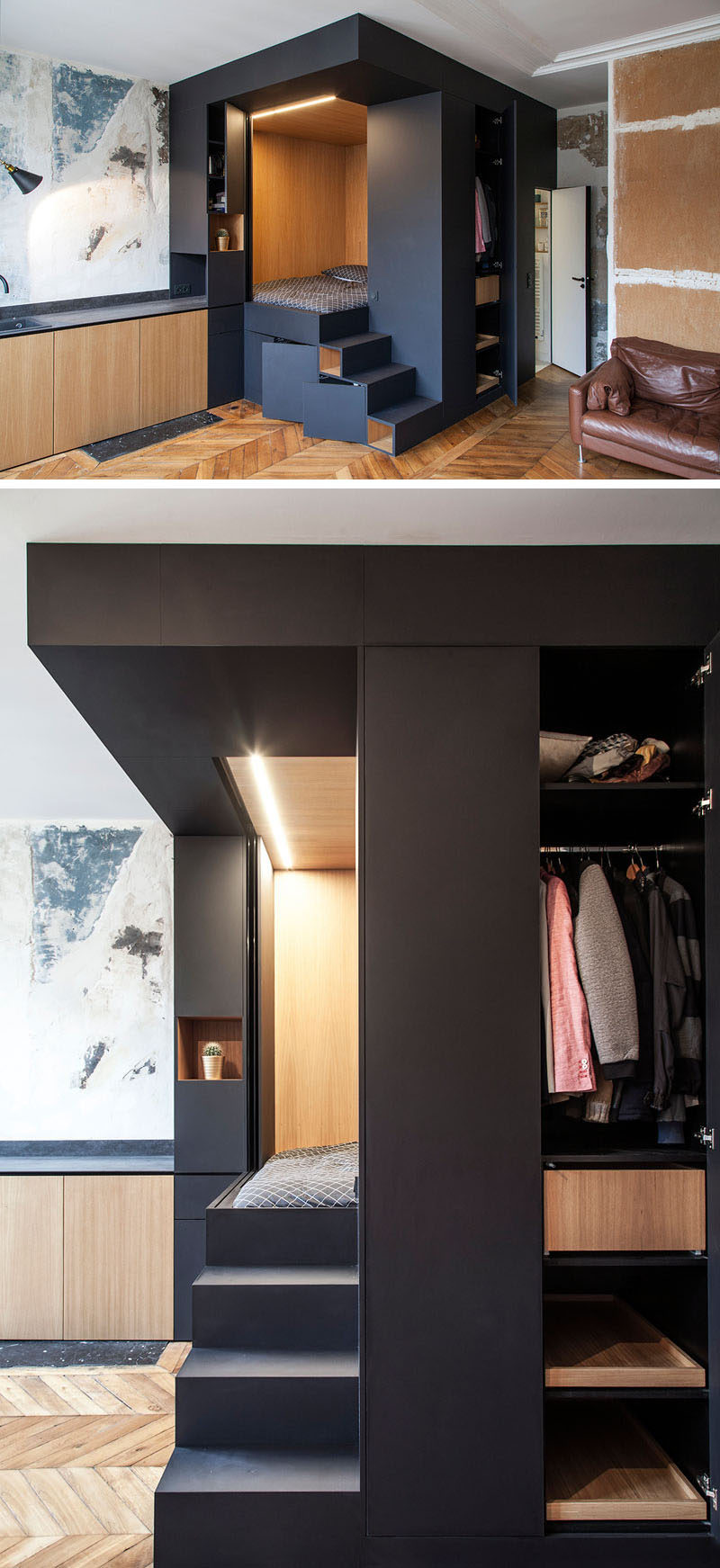Interior design firm Batiik Studio, have transformed a run down Parisian apartment into to a functional space with a custom built lofted bed unit. #InteriorDesign #LoftBed #SmallApartment #Storage