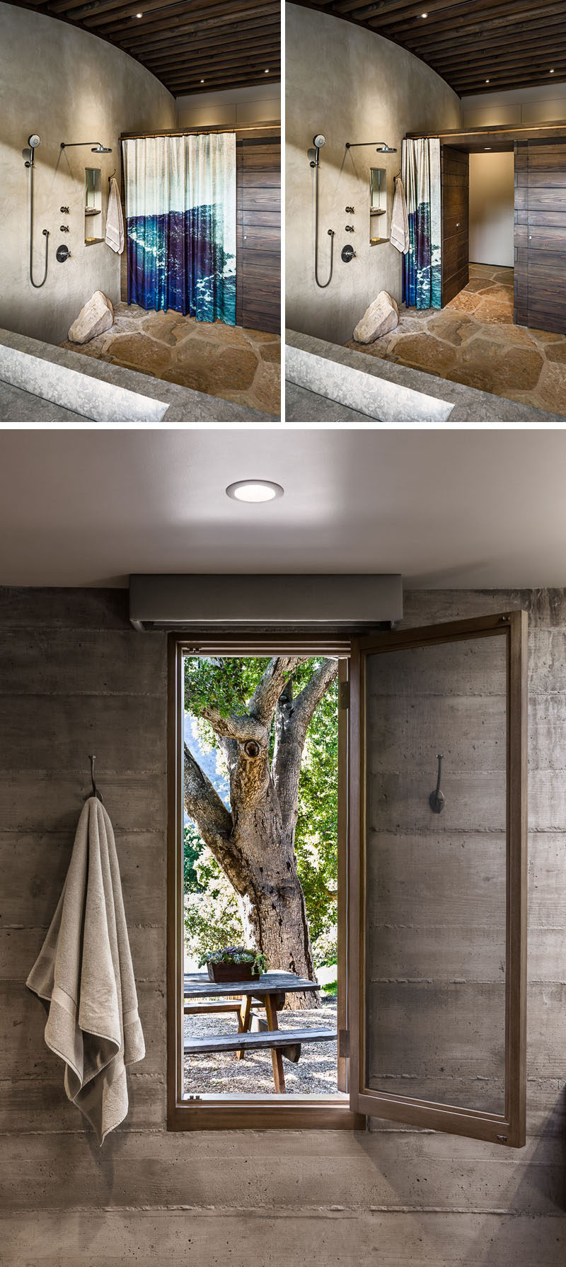 This rustic modern master bathroom, set up in an open 'wet room' plan, has horizontal wood sections built from exposed kiln-dried framing lumber, that hide the water closet and clothes closets. The shower curtain is made from a salvaged waterproof banner ad that pictures the owner's son surfing. #RusticModern #BathroomDesign