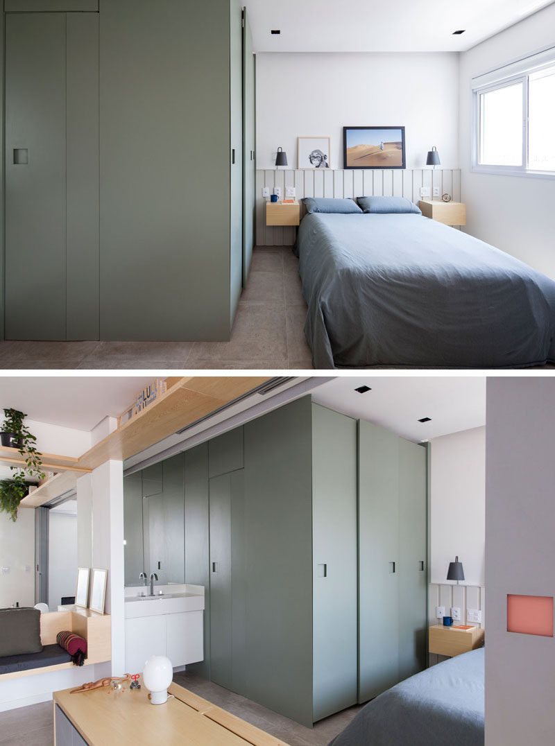 In this small and modern apartment, the bedroom is situated beside the windows, while the closet and bathroom are hidden within a green box. #SmallApartment #Bedroom #Bathroom