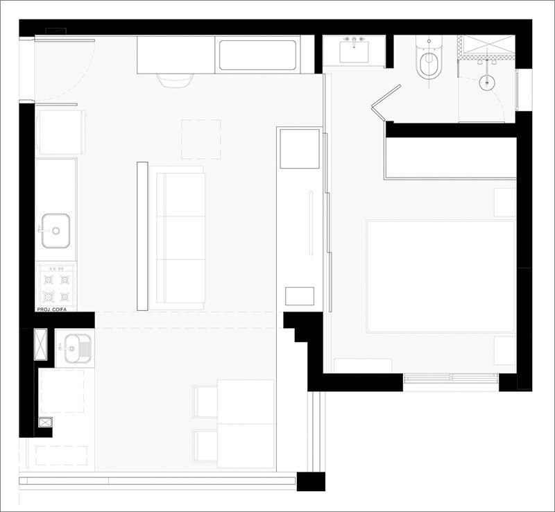 Estúdio BRA have renovated a small apartment in Sao Paulo, Brazil, that's just 409 square feet (32m2) and has a hidden bedroom. #SmallApartment #ApartmentLayout