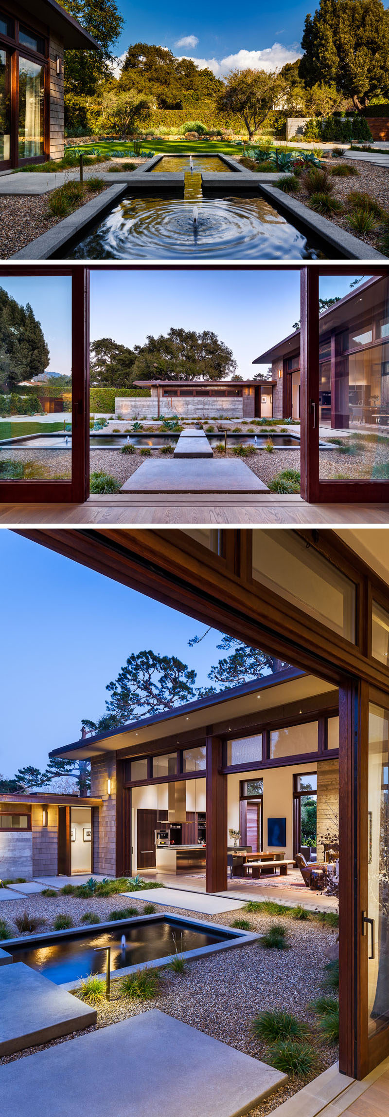 This modern house has a landscaped front courtyard with a water feature and a rock garden to create a contemporary garden, while a path runs along the side of the garage and leads to the pivoting front door. #LandscapeDesign #Landscaping #Garden #WaterFeature