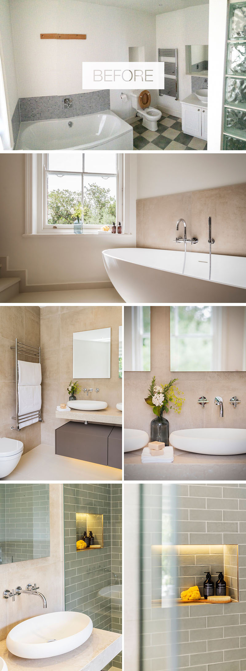 This renovated bathroom has a freestanding bathtub, new matte tiles on the floors, walls and ceiling, a new wall hung vanity, and a shower with polished ceramic tiles. #BathroomRenovation #ModernBathroom