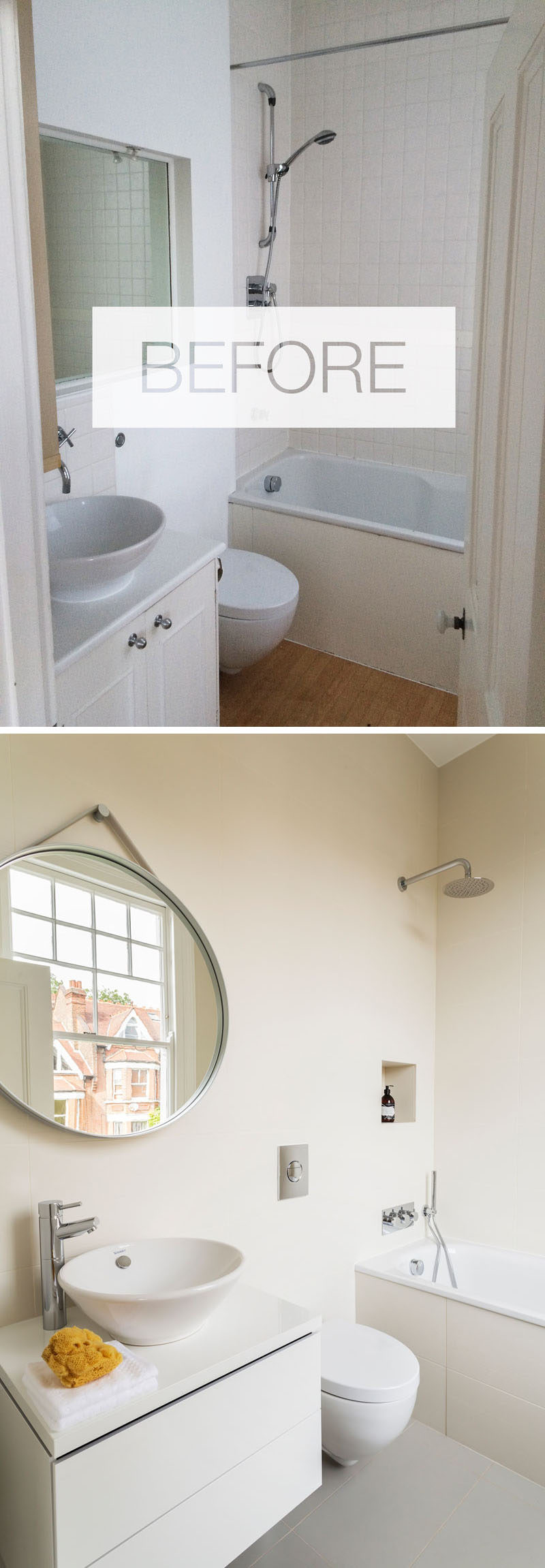 This updated bathroom design includes new flooring, a wall hung vanity unit, a round hanging mirror and a new bath with a rainfall shower head. #ModernBathroom #RenovatedBathroom