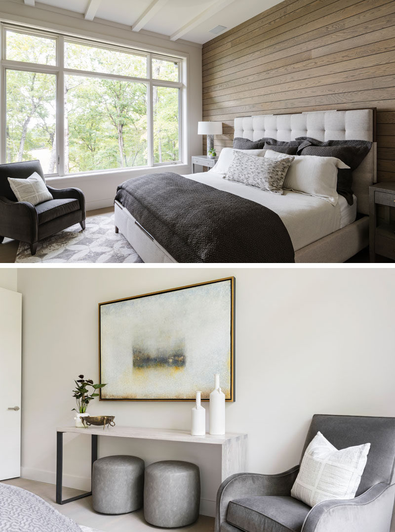 In this contemporary bedroom, a wood accent wall adds a soft natural touch to the room. #BedroomDesign #WoodAccentWall