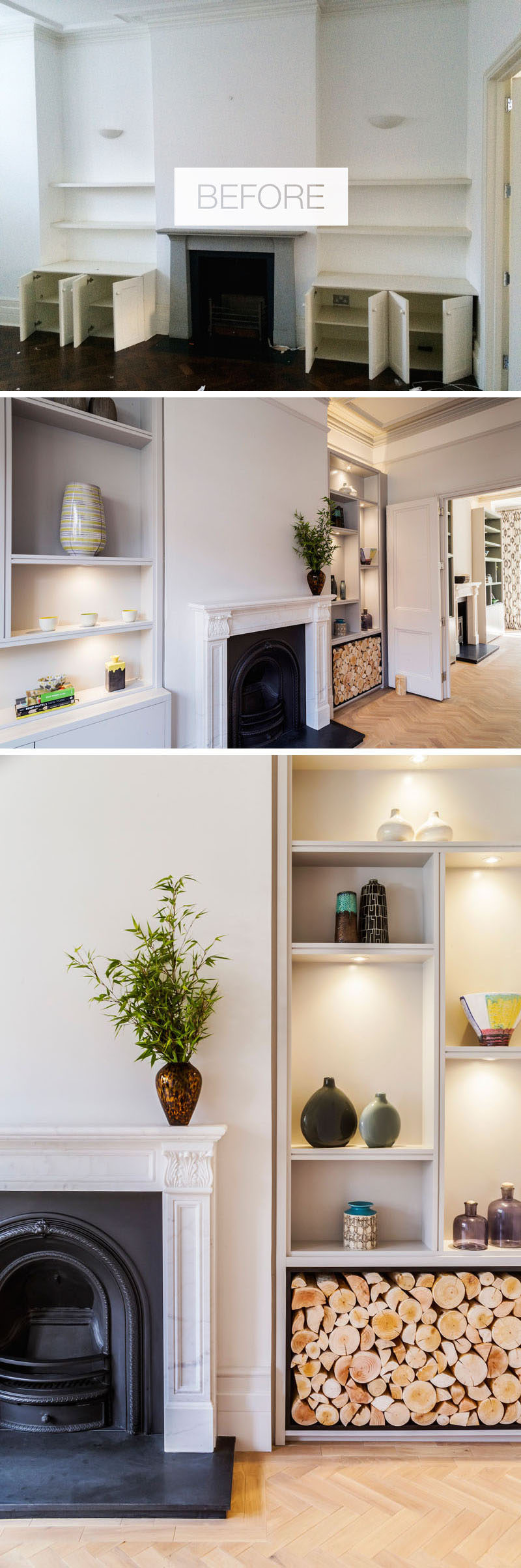 On the main floor of this refurbished house, there's two connecting reception rooms that were updated with bespoke joinery, light greyed oak parquet floors and traditional white marble fireplaces, one of which has a wood burning stove installed. #RenovatedInterior #InteriorDesign #Shelving #Fireplace