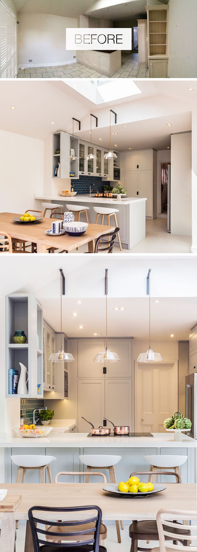 To add additional light to this renovated dining and kitchen space, the designers fabricated bespoke metal brackets from which to suspend 3 glass pendant lights which hover over the counter. #RenovatedKitchen #DiningRoom