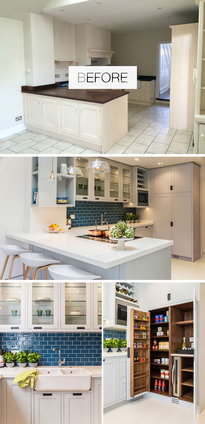 In this kitchen renovation, bespoke light grey cabinets are combined with a deep blue tile backsplash and a white countertop. A large pantry includes space for a wine fridge and tea/coffee making space. #KitchenRenovation #ContemporaryKitchen