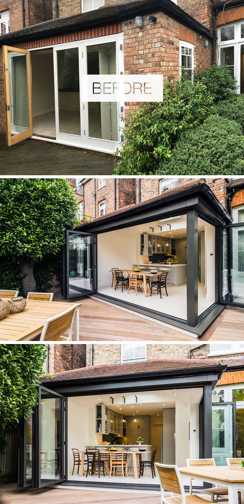 In this house renovation, folding sliding doors in dark grey aluminium replaced the original doors and opened up the interior to the garden, creating an indoor/outdoor living environment. #Renovation #Indoor/OutdoorLiving