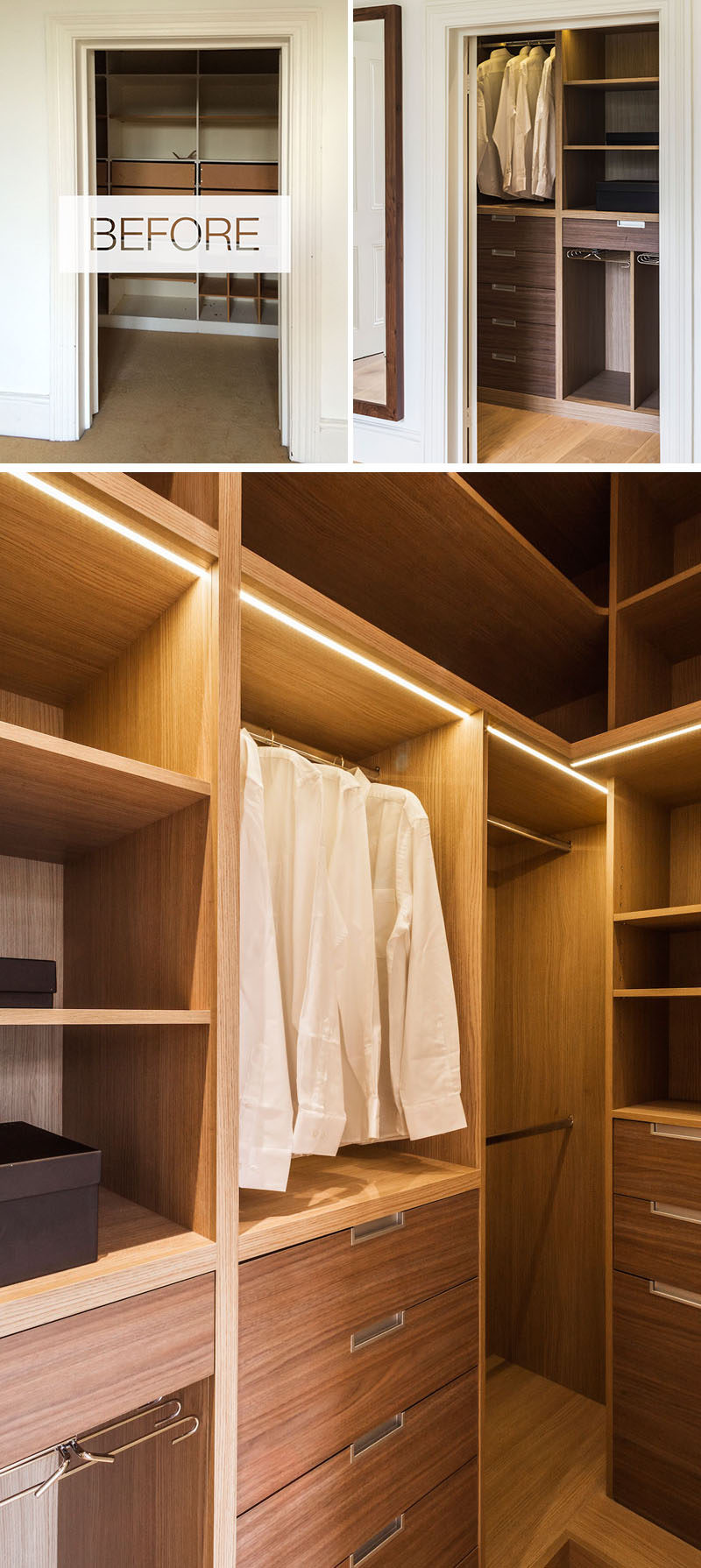 This updated dressing room was re-designed with bespoke oak full height units to make the most of the space. #WalkInCloset #DressingRoom