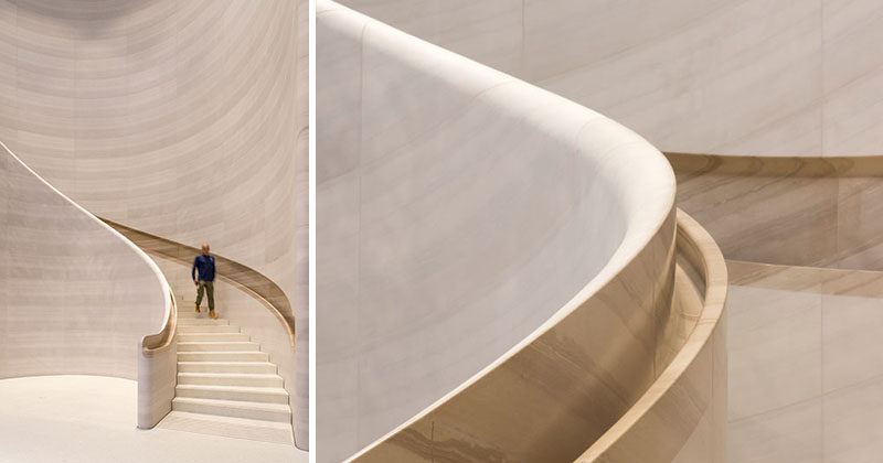 This Apple Store in Singapore features a hand-carved, curved stone staircase with built-in handrails. #Staircase #Stone