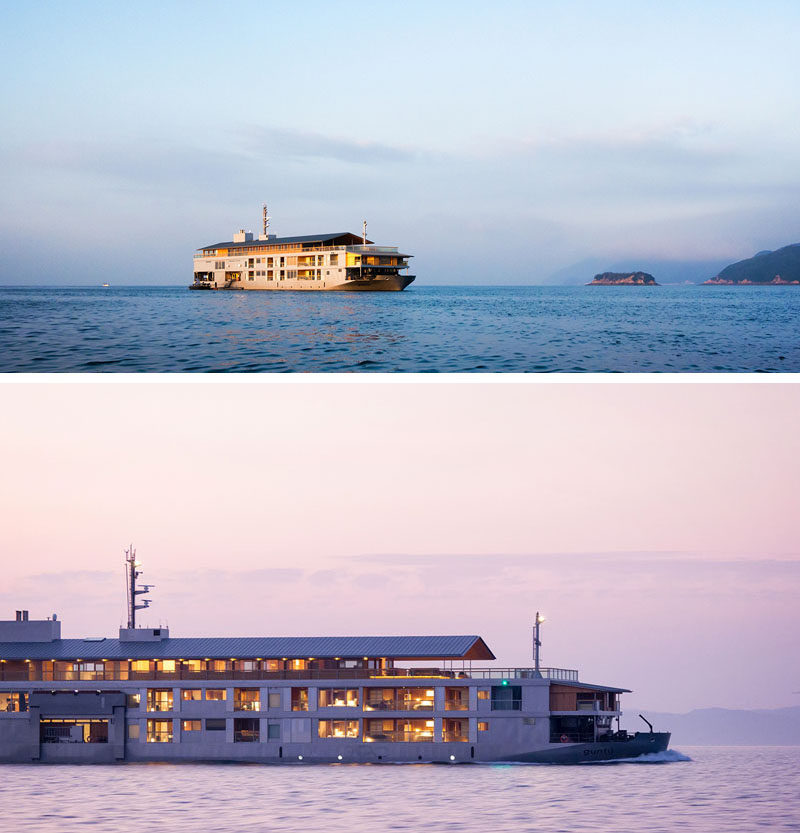 Japanese architect Yasube Horibe has designed a boutique nineteen-room floating hotel named Guntû, that makes its home in the Seto Inland Sea. #FloatingHotel #Japan