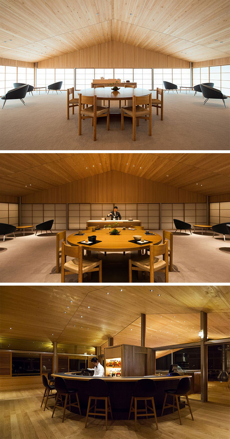 This modern floating hotel in Japan has an indoor lounge with a striking peaked wood ceiling and a curved bar. #FloatingHotel #WoodCeiling #Japan