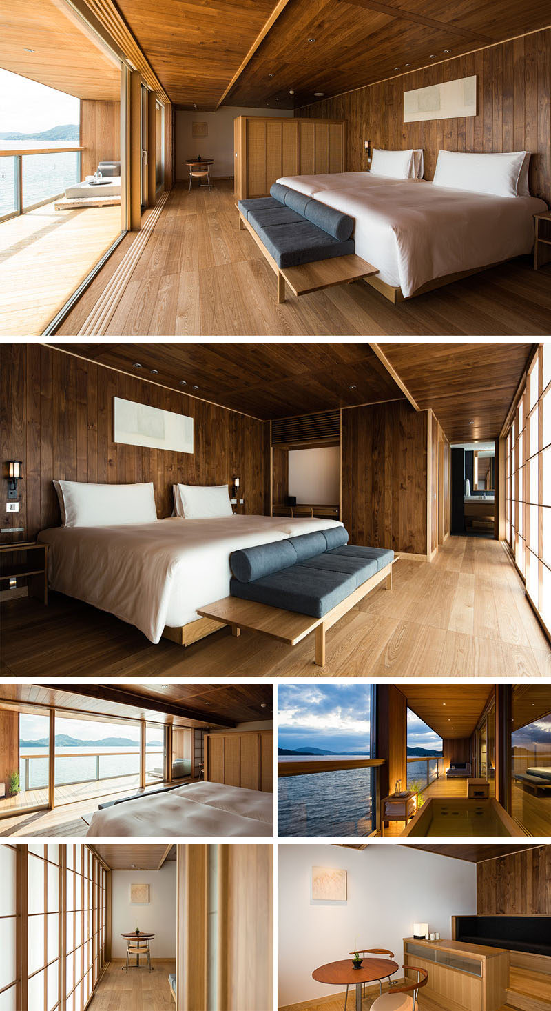 This modern hotel room has wood paneling as well as wood flooring, while most of the furniture is also made from wood. #ModernHotelRoom #FloatingHotel #Japan #Wood