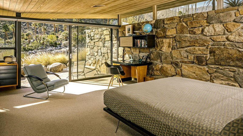 Mid Century Modern Bedroom Design Glass Stone Walls 010118