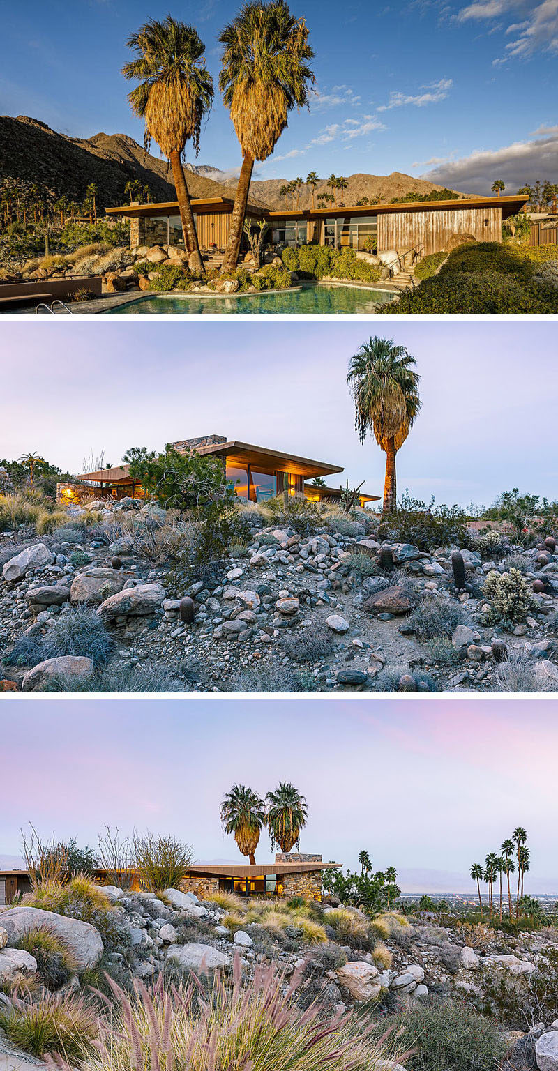 Positioned within the desert landscape, this house is an example of mid-century modern architecture. Wood features have been combined with stone walls and plenty of glass. #Wood #Stone #MidCenturyModern #House