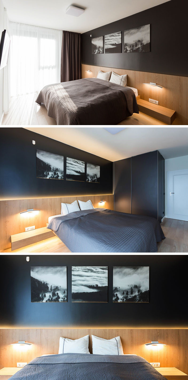 In this modern bedroom, a black wall has black and white photography as art work, while wood runs along the bottom half of the wall and creates a headboard for the bed. Hidden lighting and bedside lighting create a soft ambient lighting for the room. #ModernBedroom #BlackWall #WoodHeadboard