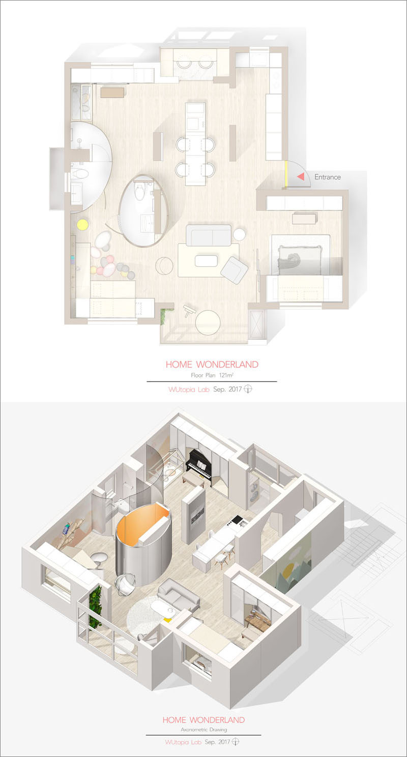 Wutopia Lab have designed the renovation of an apartment in Shanghai, China, that transformed a three bedroom and two living room interior into an open space full of fun design elements. #FloorPlan #ApartmentLayout