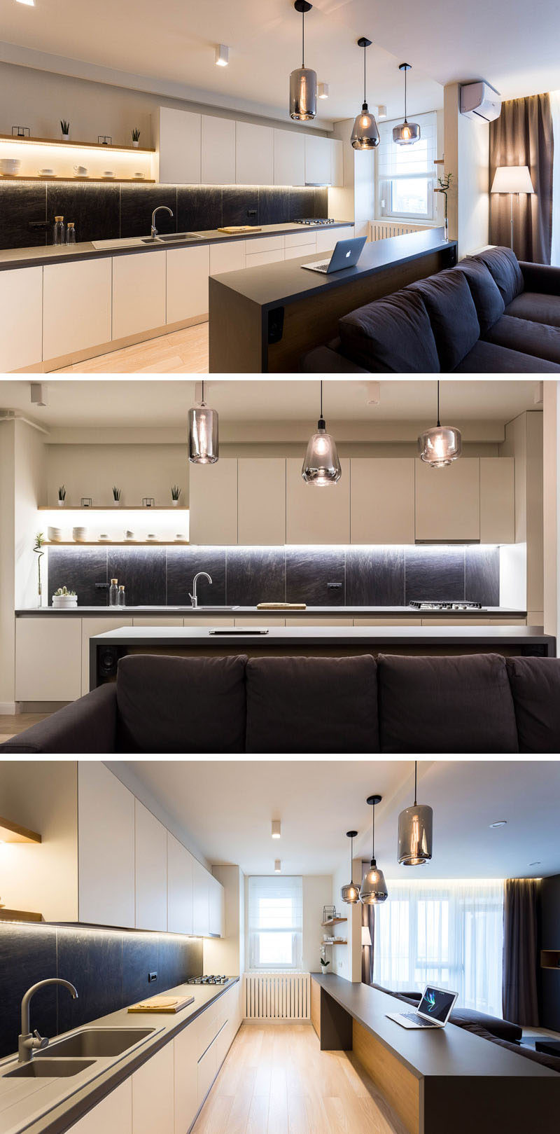 Hidden lighting underneath the upper cabinets and the exposed shelving, help to keep this modern kitchen bright. #KitchenDesign #ModernKitchen #KitchenLighting