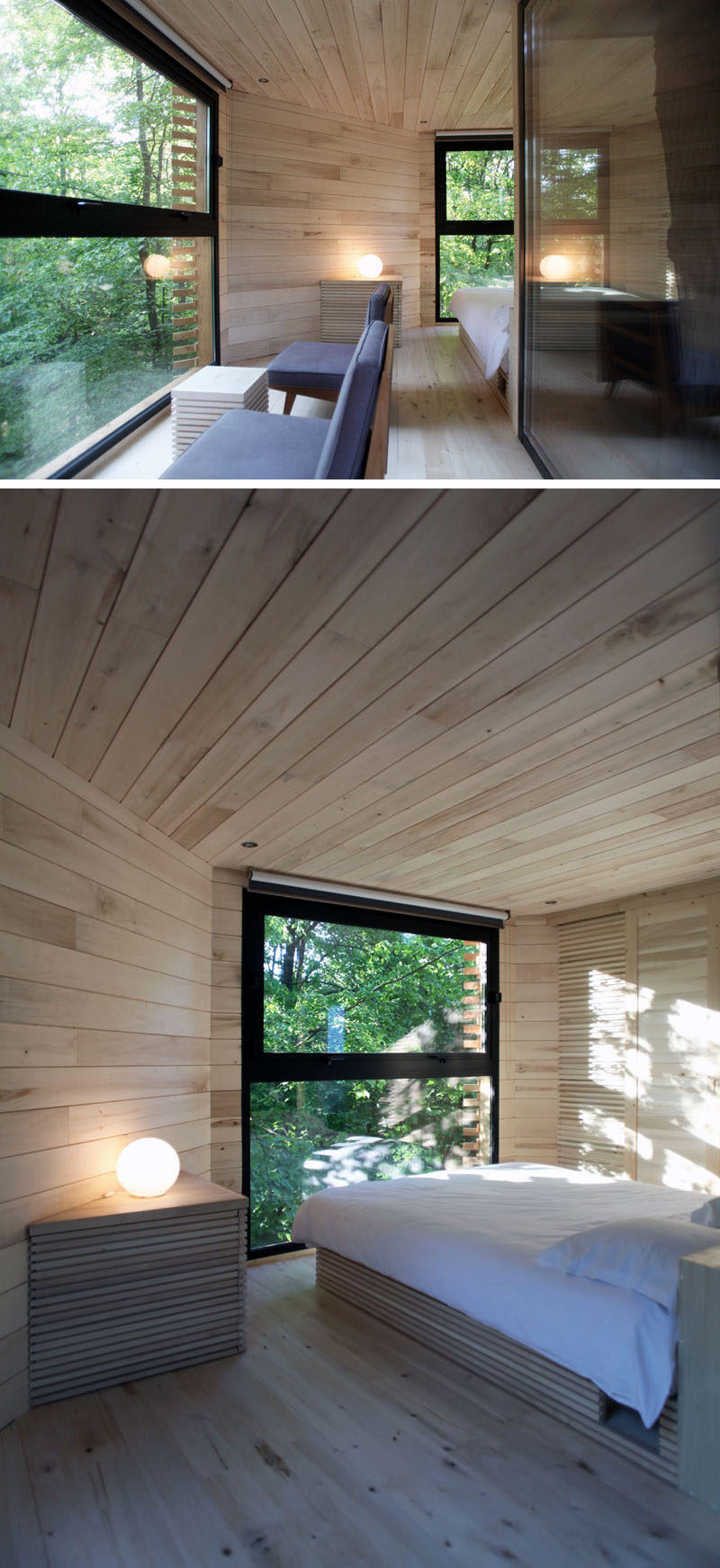 Inside this modern tree house, the wood interior is made from poplar, and a small sitting area and bedroom provide a comfortable place for relaxation. #ModernTreeHouse #Poplar #WoodInterior