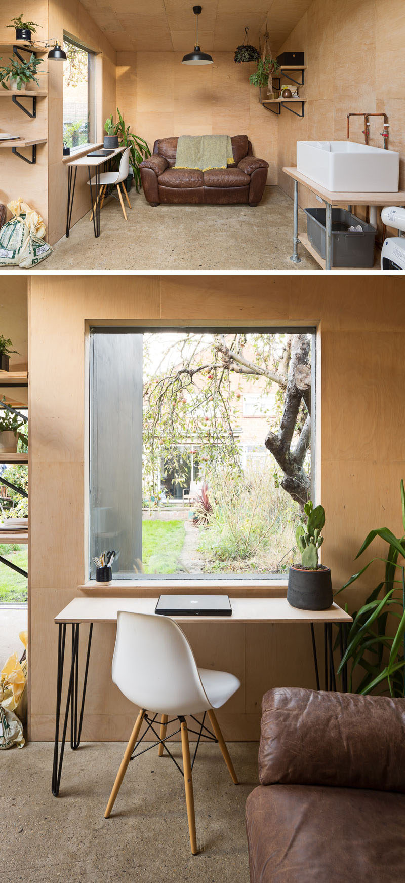 This modern backyard pottery shed also double as a office, with a comfortable couch for relaxing and a narrow desk in front of the window for working. #PotteryShed #BackyardStudio #HomeOffice