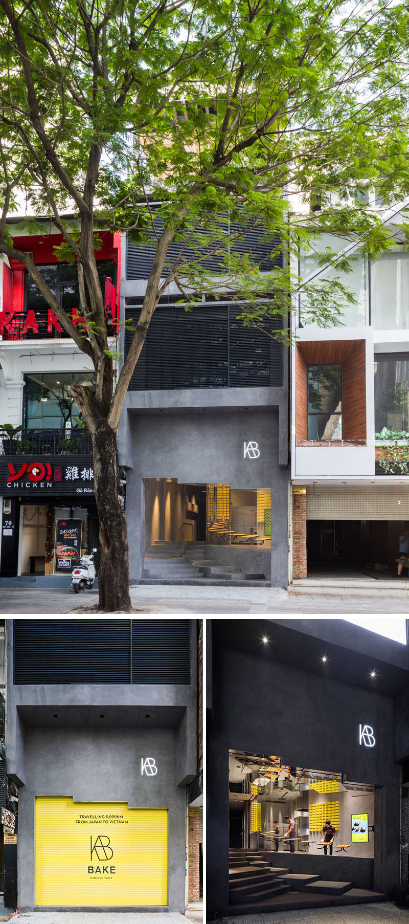 This modern bakery has a large concrete storefront with double height ceilings and a simple yellow and grey color palette, making the store stand out when compared to surrounding shops. #ModernBakery #StoreDesign #RetailDesign