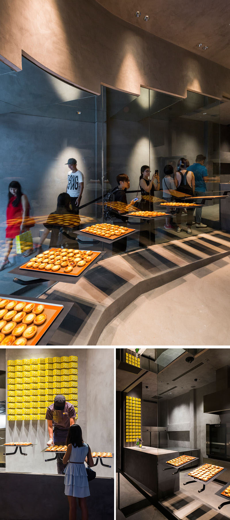 In this modern bakery, large glass windows that line the stairs allow the cheese tarts to be visible to people that are lining up to buy them. #Bakery #ModernStore #RetailDesign