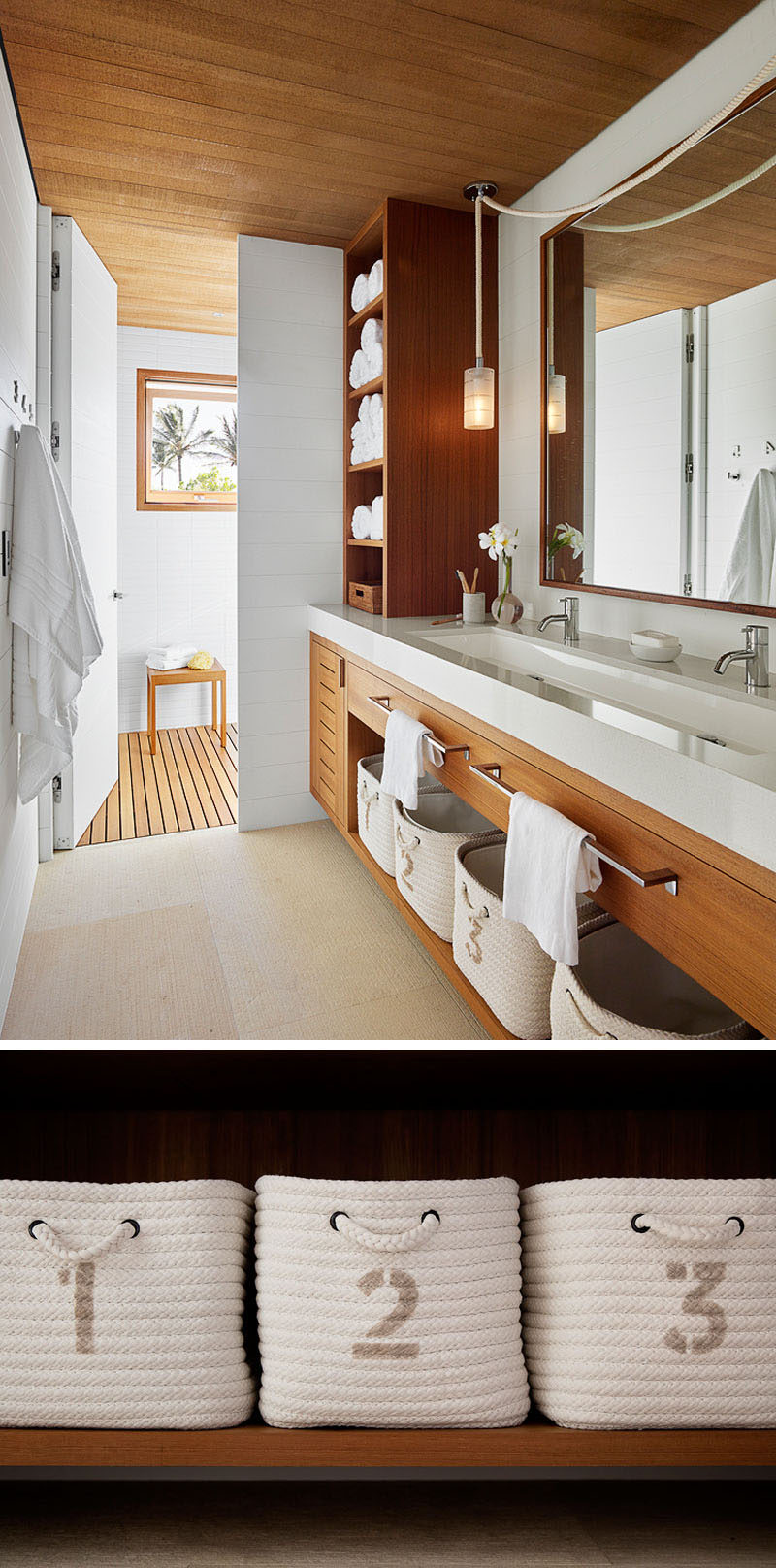 In this modern beach house bathroom, a white countertop with a long trough sink sits on a wood vanity with open shelving. #ModernBathroom #BeachHouse