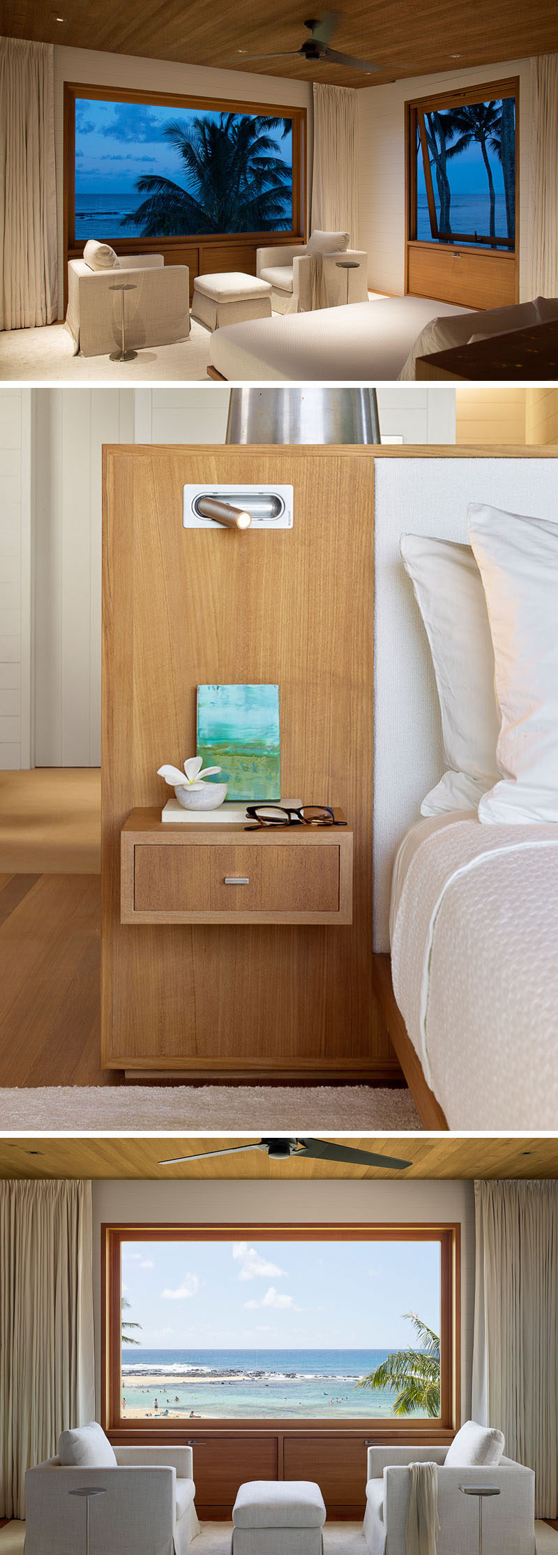 In this modern beach house master bedroom, white walls and furniture allow the view to become the focal point in the room. #ModernBedroom #Windows