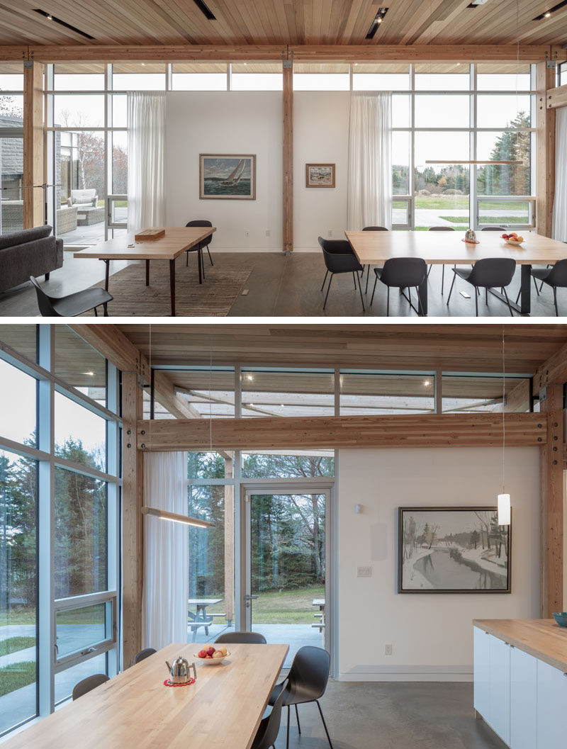 In this modern house, floor-to-ceiling windows provide ocean views and separate tables have been set up so that one can be dedicated to being a games table, and the other a dining table. #DiningRoom #ModernHouse