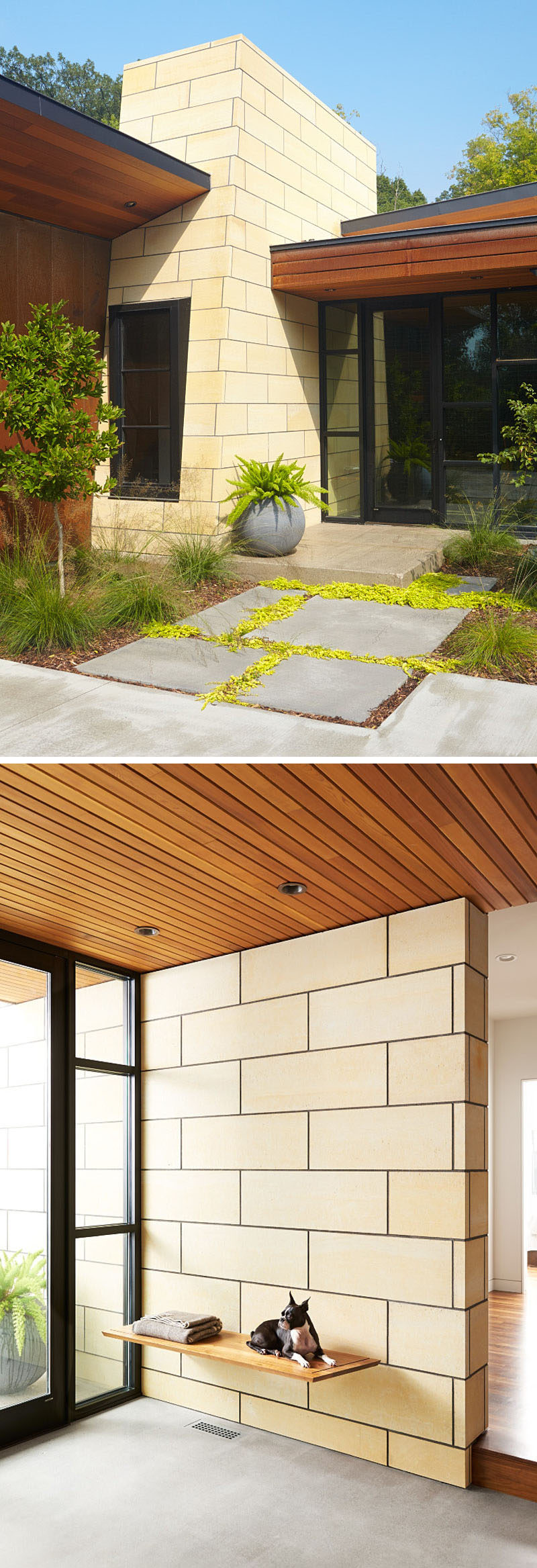 Stepping inside this modern ranch house, the materials from exterior of the home are also used on the interior, like in the entryway, where a floating bench is affixed to a limestone wall. #EntryWay #InteriorDesign