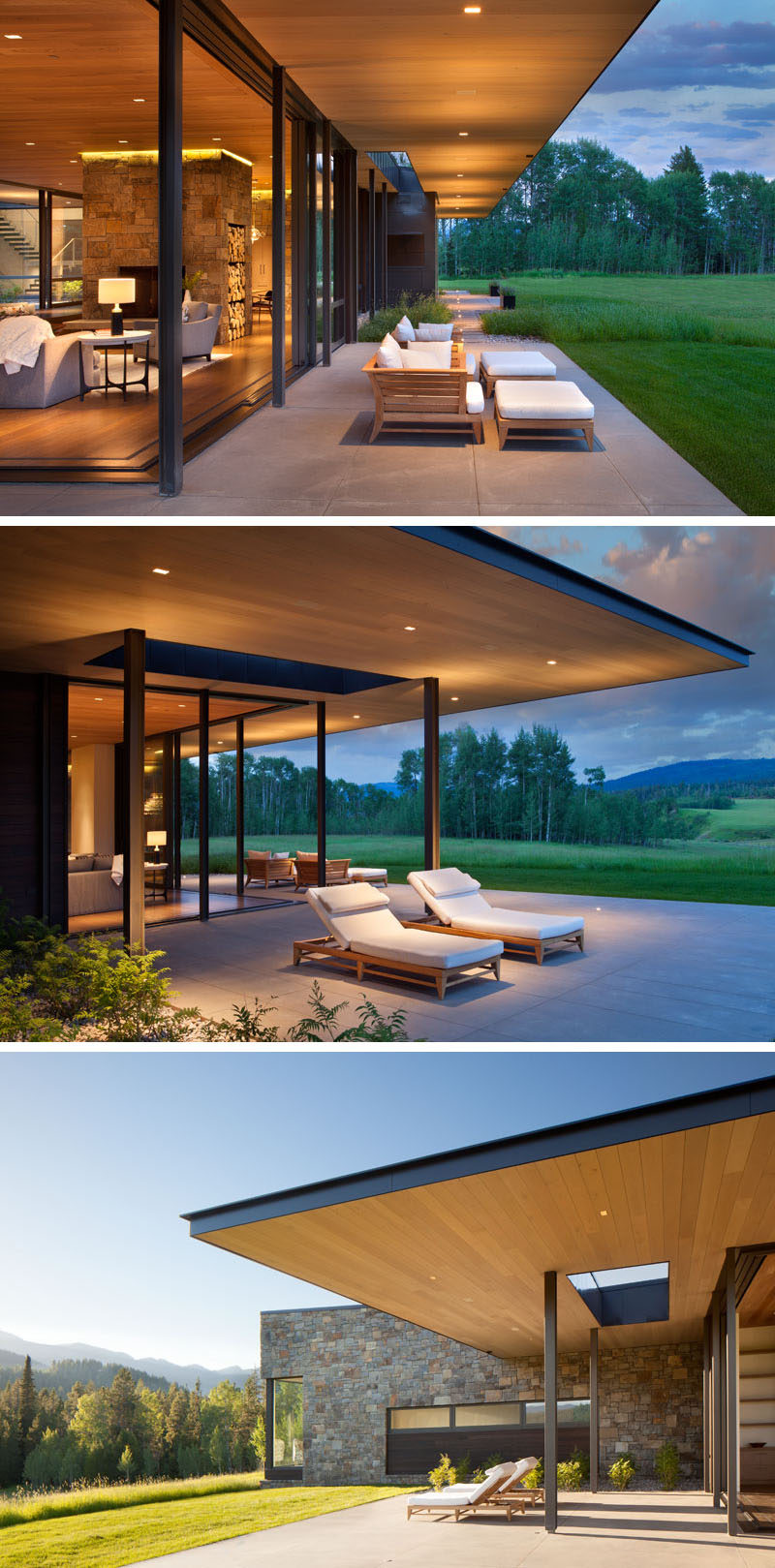 This modern house has sliding glass walls that open the living room to the outdoors, and the wood ceiling featured inside, continues through to the exterior of the house. #ModernHouse #WoodCeiling