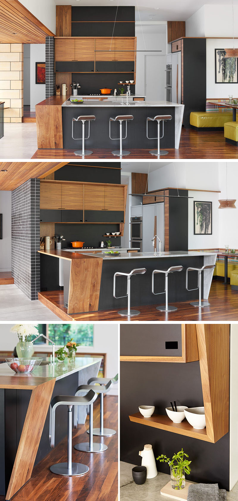 In this modern kitchen, wood and white cabinets and counters are combined with black elements for a sophisticated modern appearance. Off to the right of the kitchen is a dining booth with lime green and patterned banquette seating. #ModernKitchen #KitchenDesign